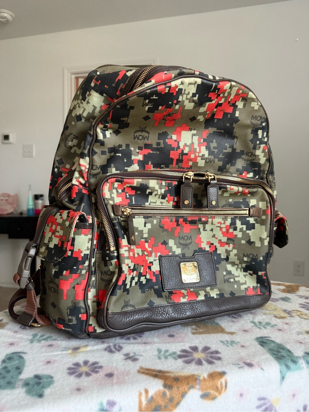 MCM Olive Green and Red Digital Camo Leather Backpack